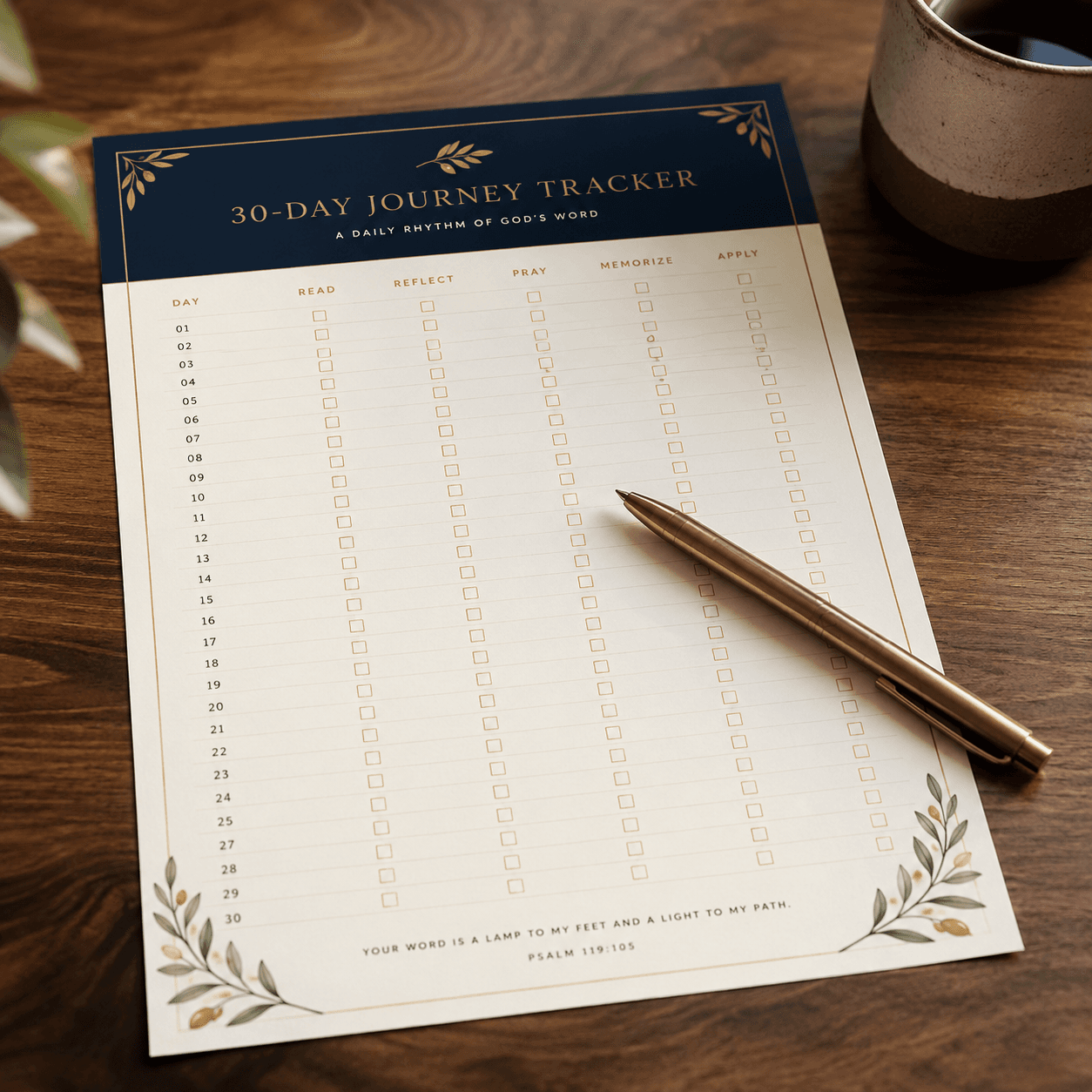 Rooted in God 30-day Bible study journey tracker page for tracking daily reading, prayer, and reflection