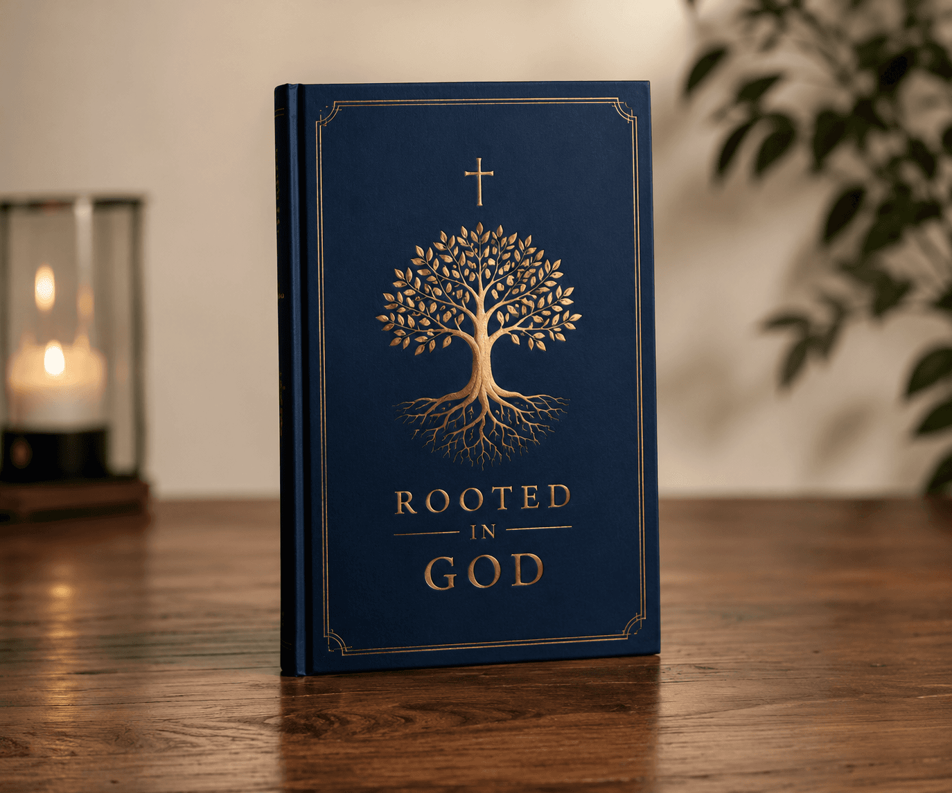 The navy Rooted in God 30-day Bible study journal with a gold foil tree-and-cross emblem on the cover