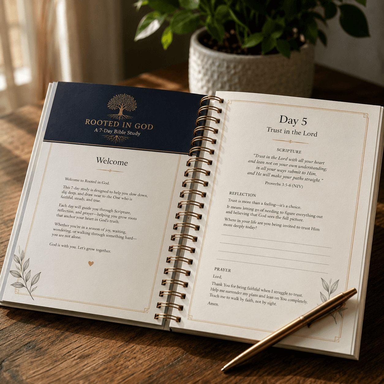 Open Rooted in God 30-day Bible study workbook showing a guided daily devotion, scripture, and prayer prompt